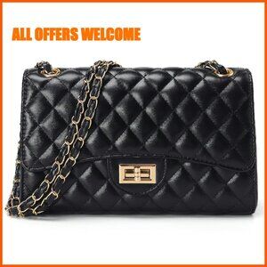 Quilted Vegan Leather Crossbody Bag with Chain Strap, 10.23"L